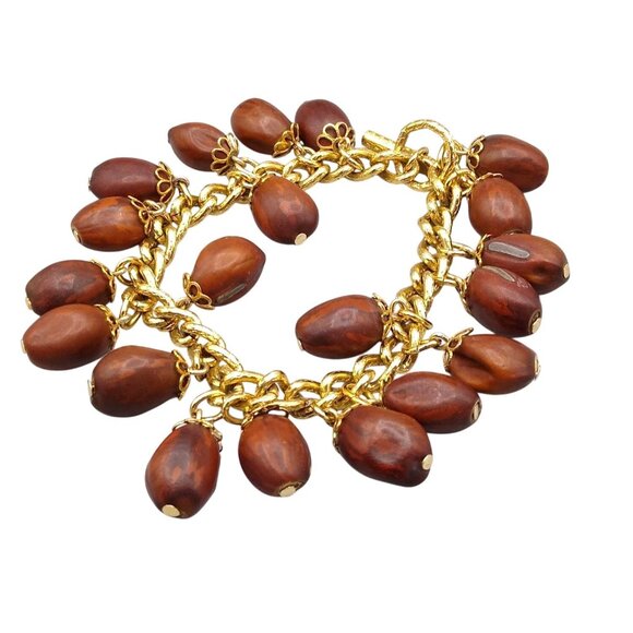 Charm Bracelet with Seed Pod Charms, Vintage Gold Tone Chain Bangle with 20 Dang - Picture 5 of 7